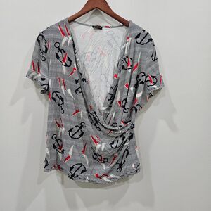 Talbots Womens Sailboat Nautical Wrap Top Large Black Red Ruched Coastal Casual